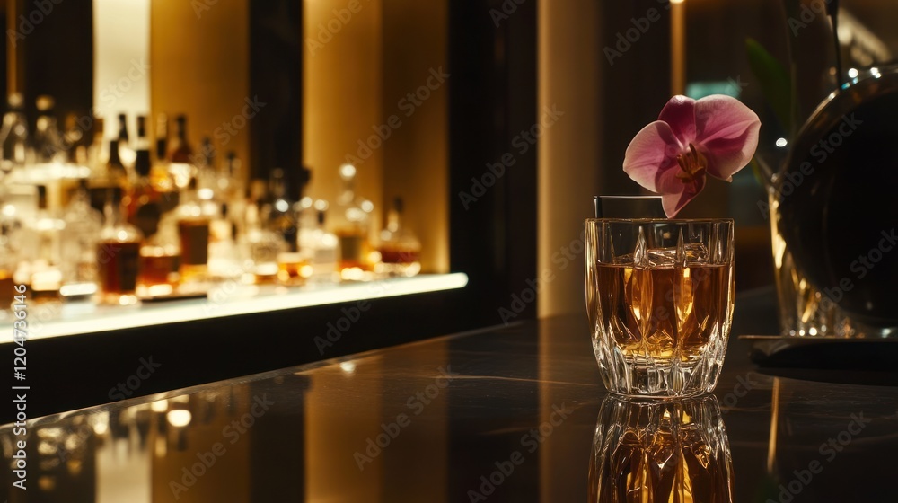 Elegant Cocktail with Orchid Garnish at a Luxurious Bar Elegant Cocktail with Orchid Garnish at a Luxurious Bar