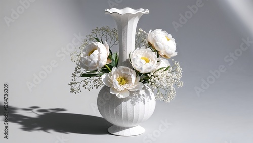 A stylish vase filled with lush, delicate white peonies and greens. photo