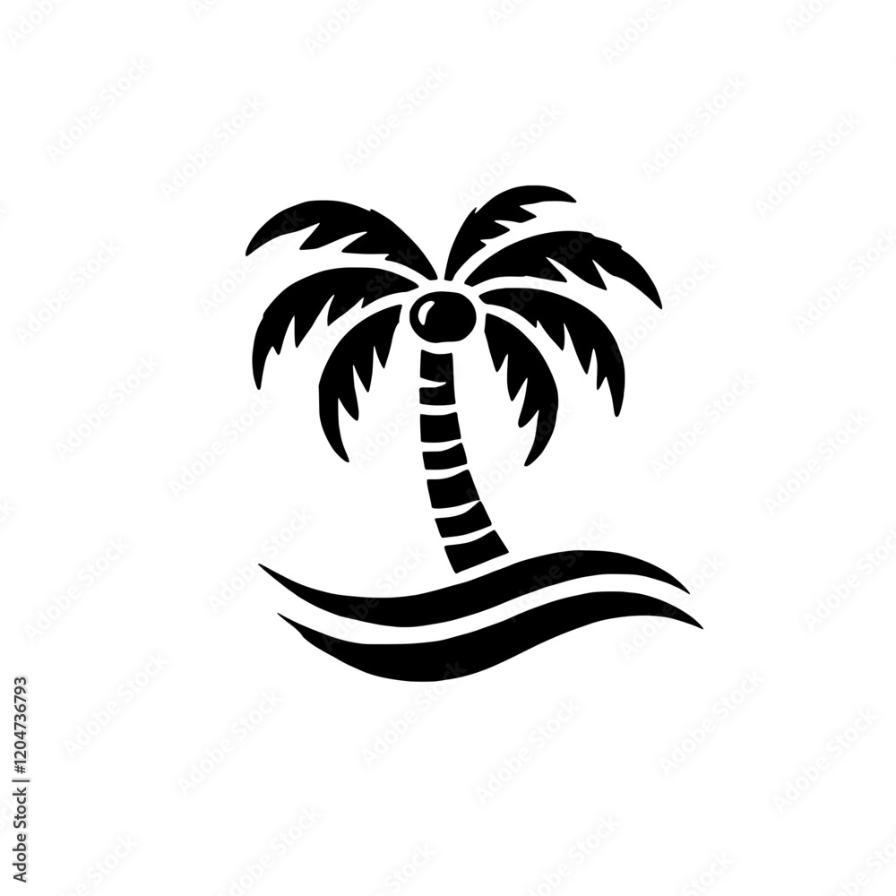 Fototapeta premium Palm Tree by the Ocean: A stylized black and white illustration of a palm tree beside ocean waves, evocative of tropical vacations and summer vibes.