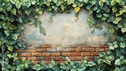 Green Plant Illustration Decorative Frame Watercolor with Brick Background