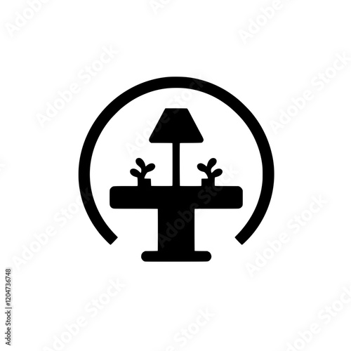Cozy Tabletop Scene: Simple black icon depicting a cozy indoor scene with a round table, a lamp, and two small plants. Perfect for representing home, comfort, or relaxation.