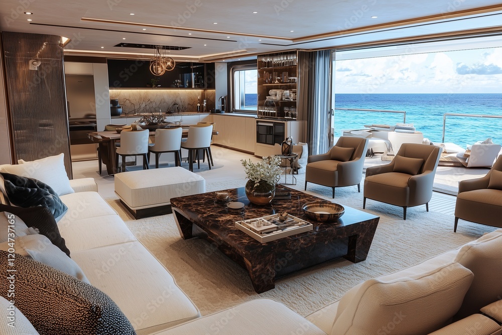 3D yacht living room view as seen from the sofa towards the ocean.