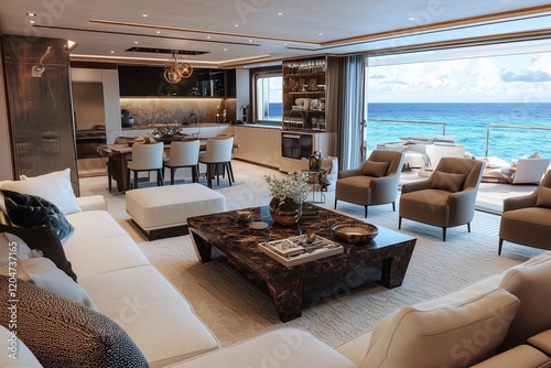 Obraz na płótnie 3D yacht living room view as seen from the sofa towards the ocean. w salonie