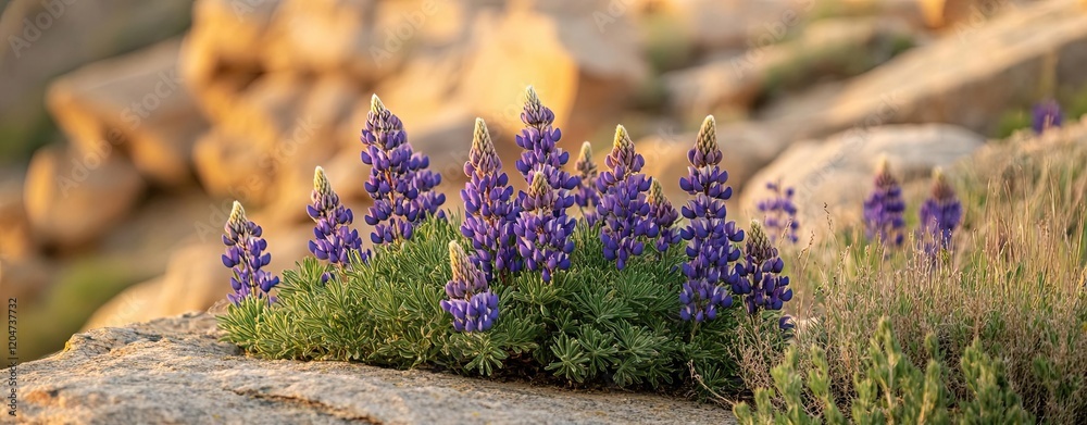 Obraz premium Beautiful blooming purple flowers on rocks.