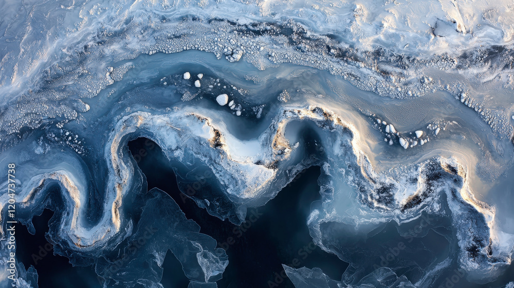 Fototapeta premium Abstract aerial view of icy landscape showcasing intricate patterns of snow, frozen water, and dynamic textures in shades of blue and white, capturing winter's beauty.