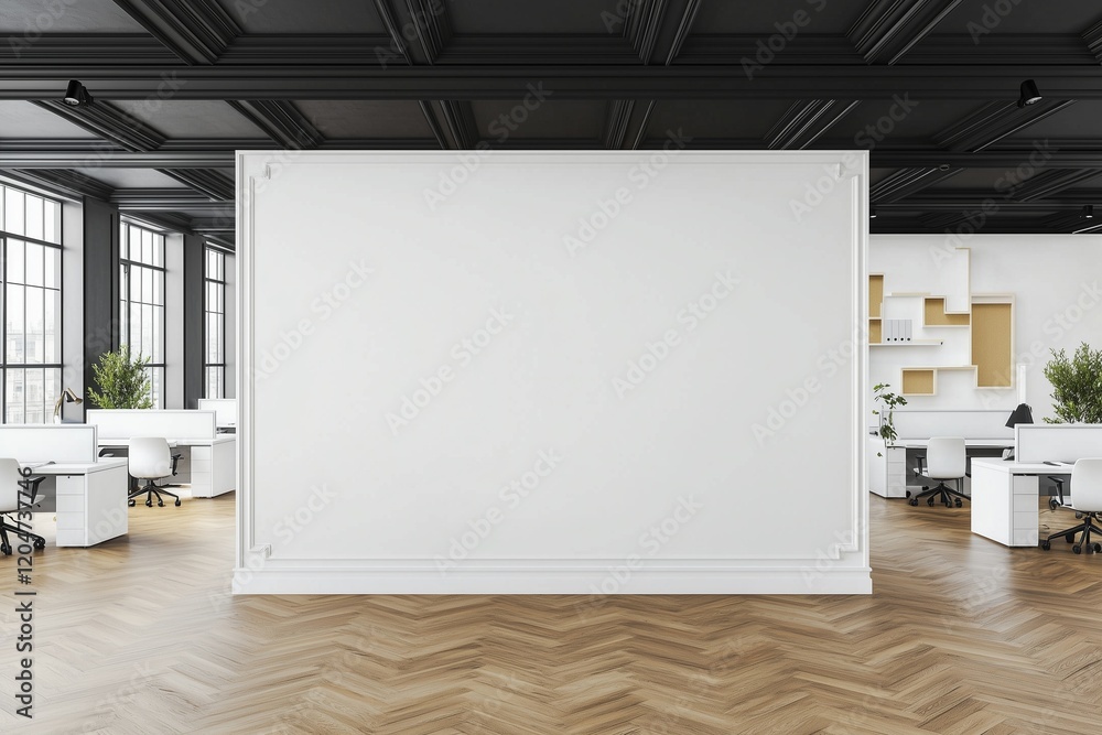 Mock-up white wall in office with wooden accents.