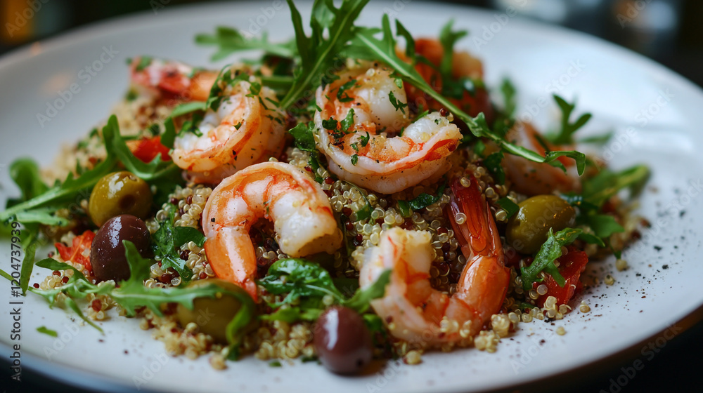 Colorful shrimp salad with quinoa and fresh ingredients served in a bowl Colorful shrimp salad with quinoa and fresh ingredients served in a bowl