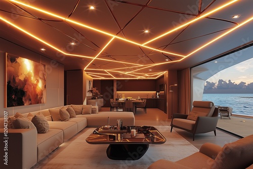 3D yacht living room with geometric ceiling design and modern furnishings.