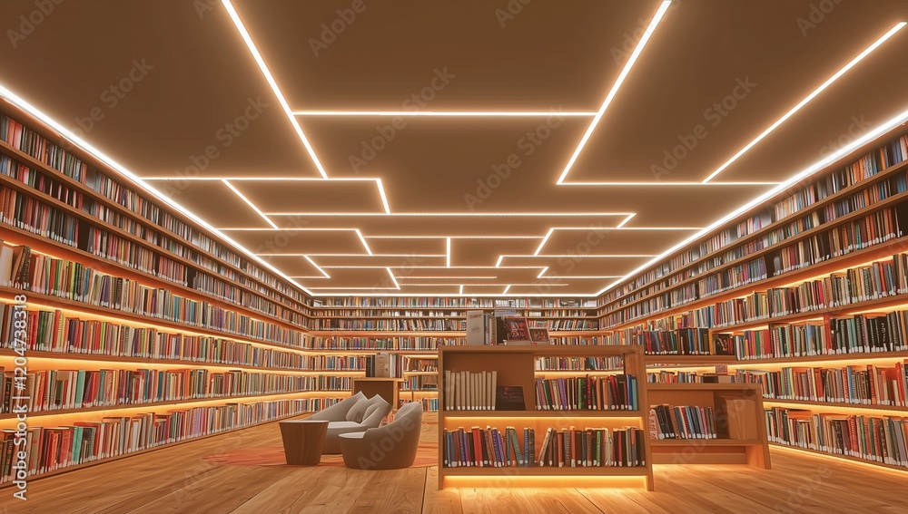 Minimalist library 3D design with cozy reading areas and illuminated ceiling.