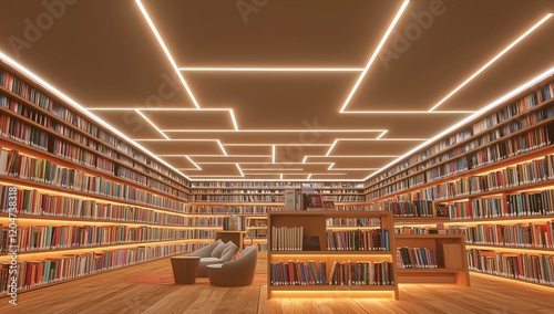 Obraz na płótnie Minimalist library 3D design with cozy reading areas and illuminated ceiling. w salonie