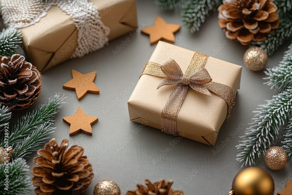 Fototapeta premium Cozy Christmas Scene with Wooden Stars Pine Cones Gift Box and Frosted Greenery in Minimalist Holiday Decoration