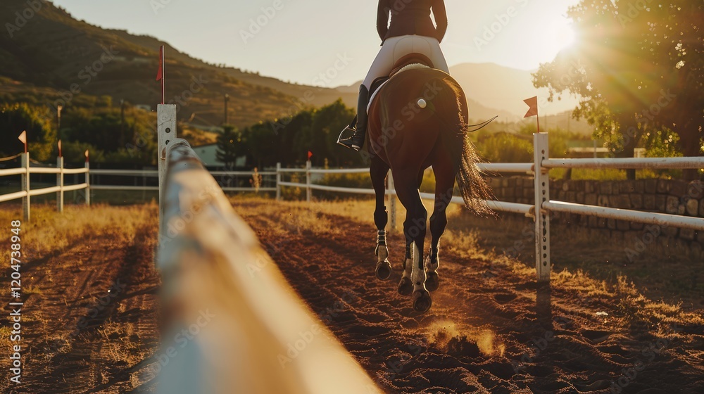 Obraz premium Sunset Equestrian Ride: Horse and Rider at Golden Hour