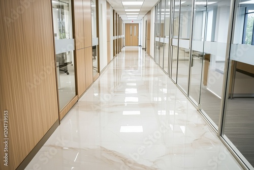 Office hallway with glass doors and elegant wood paneling.
