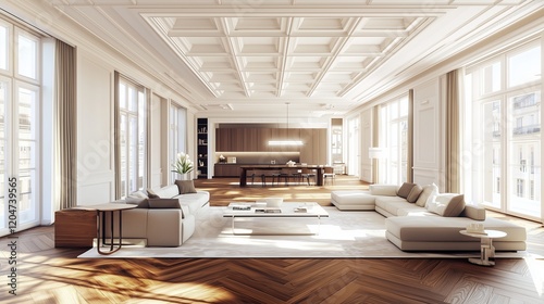 Modern mansion living room with wooden floors and white decor.