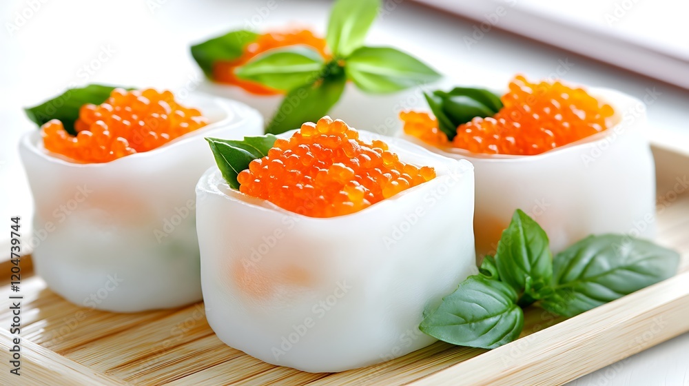 Delicious Red Caviar Appetizer on Wooden Tray