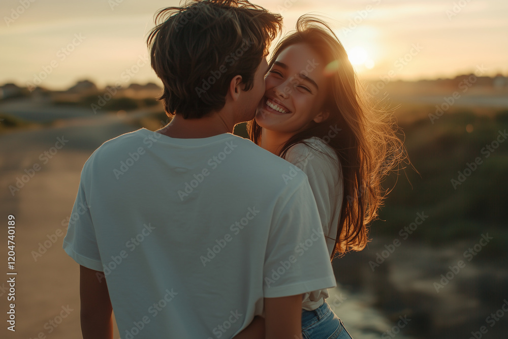 Young Couple in Love Sharing Forehead Kiss with Sunlit Cinematic Romantic Aura, Full-Body Embrace. Young Couple in Love Sharing Forehead Kiss with Sunlit Cinematic Romantic Aura, Full-Body Embrace.