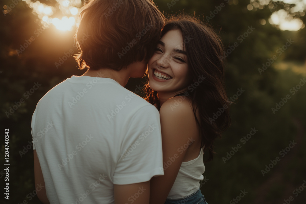 Young Couple in Love Sharing Forehead Kiss with Sunlit Cinematic Romantic Aura, Full-Body Embrace.