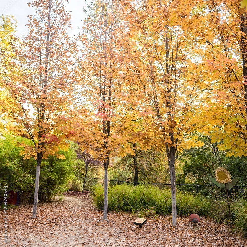 Naklejka premium Scenic park pathway lined with colorful autumn trees, perfect for seasonal outdoor photography and nature walks. 