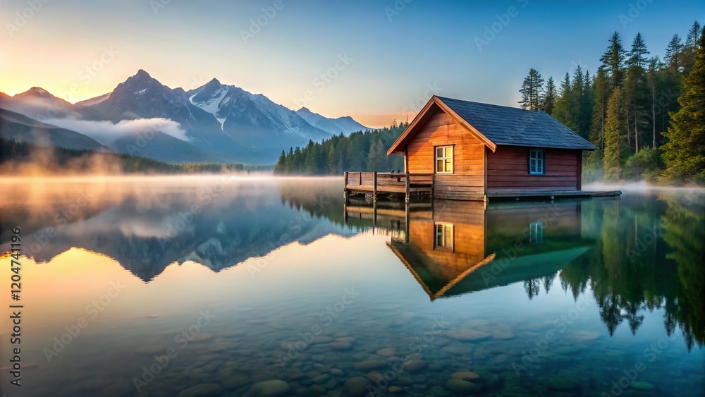 Fototapeta premium Minimalist Wooden Cabin Reflection in Calm Mountain Lake at Dawn