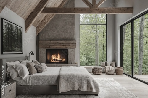 Obraz na płótnie Master suite with vaulted ceiling and oak beams in rustic style. w salonie