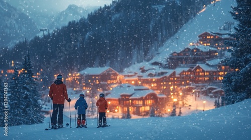 Large luxury ski resort in winter skiing season.