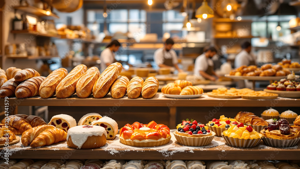 Bakery Showcase:Artisan breads and pastries artfully arranged on display in a bustling bakery, showcasing the delicious textures and vibrant colors of freshly baked goods. Bakery Showcase:Artisan breads and pastries artfully arranged on display in a bustling bakery, showcasing the delicious textures and vibrant colors of freshly baked goods.