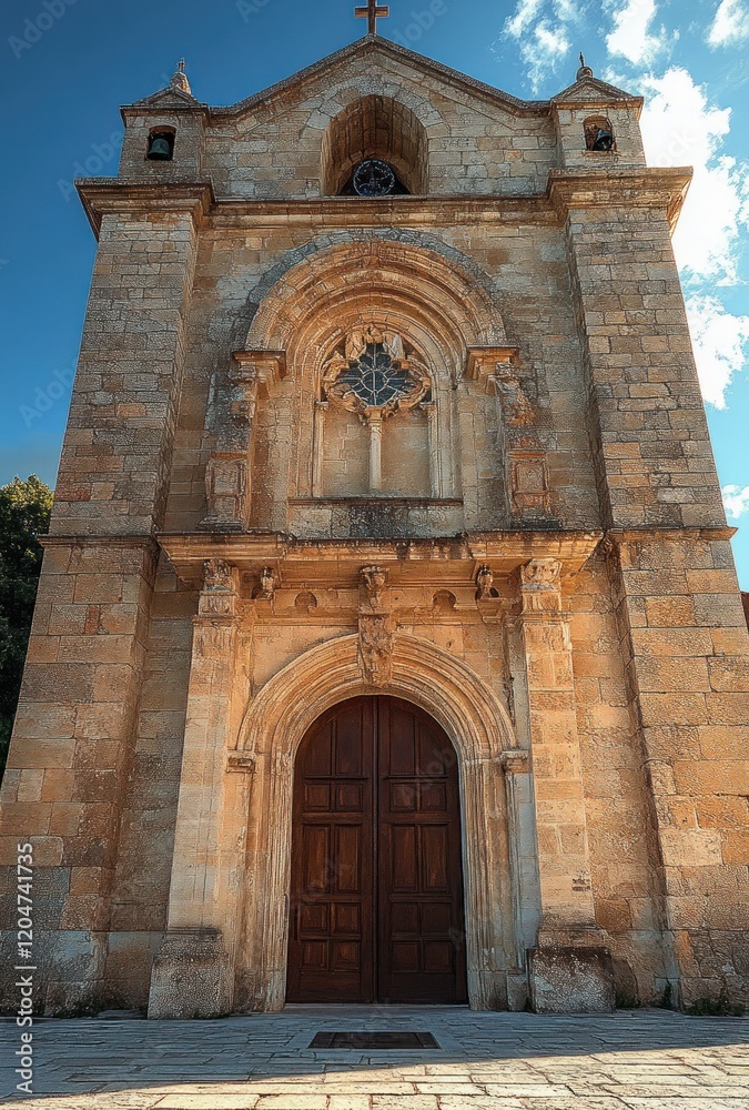 Medieval Stone Church Facade with Chiaroscuro Lighting and Intricate Architecture in Palagianello Italy Medieval Stone Church Facade with Chiaroscuro Lighting and Intricate Architecture in Palagianello Italy