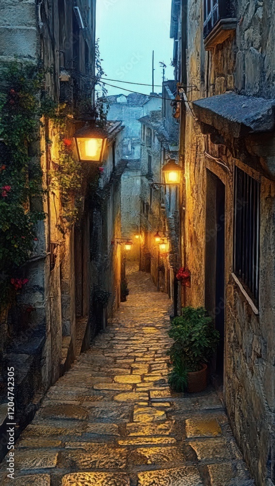 Fototapeta premium Narrow Cobblestone Alleyway at Dusk in Taranto Puglia Italy