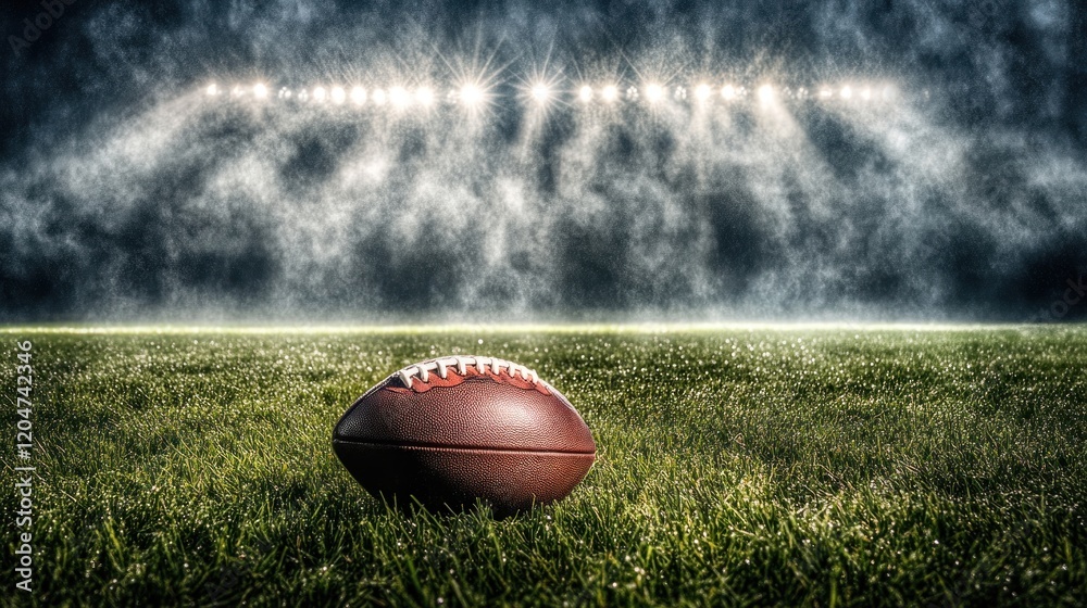 A football resting on a grassy field under stadium lights in a misty atmosphere. A football resting on a grassy field under stadium lights in a misty atmosphere.