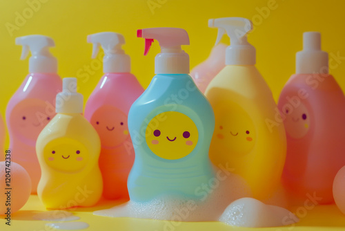 A vibrant set of colorful plastic cleaning bottles for household supplies arranged on a bright yellow background, photo