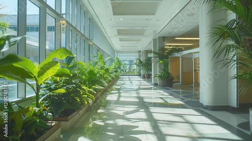 Modern healthcare facility with advanced design, ample natural light, and integrated green spaces, fostering a serene and healing environment for patients, visitors, and medical staff.

