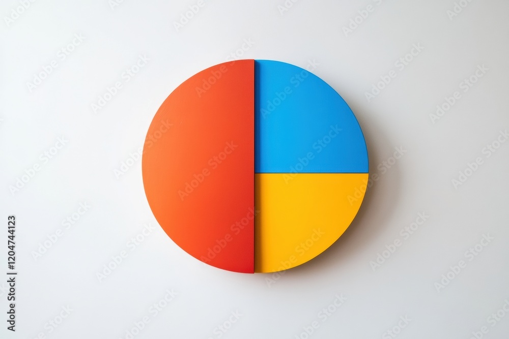 Fototapeta premium Colorful geometric design featuring a pie chart with blue, red, and yellow sections on a minimalist wall. Generative AI