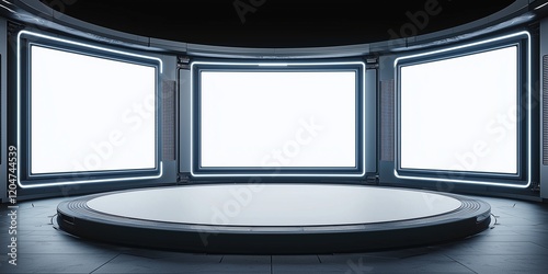Futuristic studio with LED screens and a circular stage.