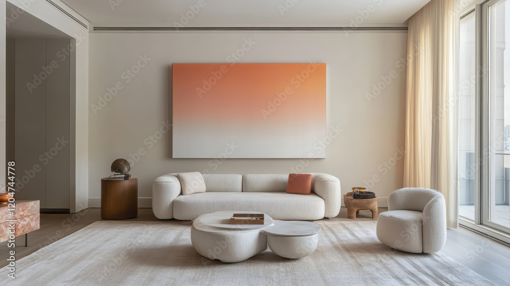 Serene Living Room Interior: A modern living room features a plush off-white sofa, a unique double-oval coffee table, and a large abstract artwork in warm peach tones. Serene Living Room Interior: A modern living room features a plush off-white sofa, a unique double-oval coffee table, and a large abstract artwork in warm peach tones.