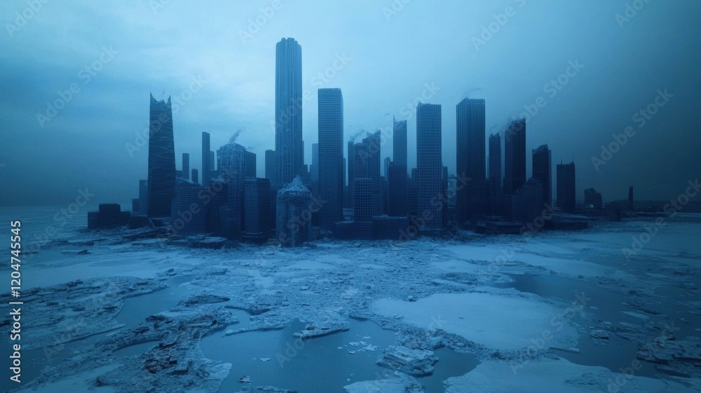 Naklejka premium Urban Landscape of a Frozen Cityscape in Winter's Chill