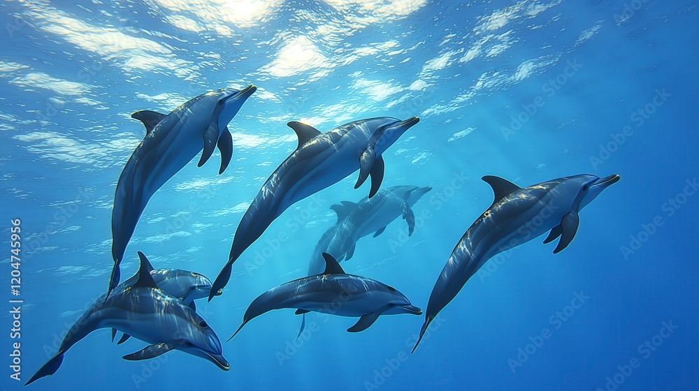 Obraz premium A group of dolphins swimming gracefully in clear blue water.