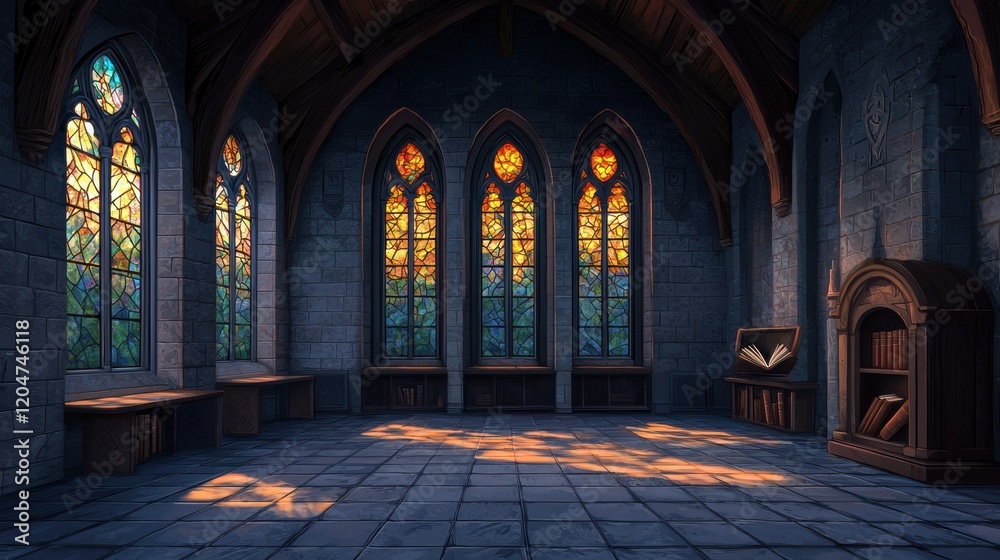 Obraz premium Serene Library Interior with Stained Glass Windows and Shelves