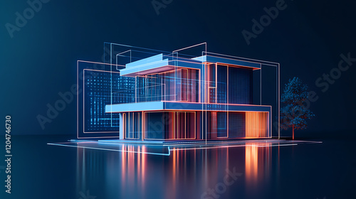 Virtual neon hologram interface displays future modern building residence design. Interactive tech project shows architectural planning in futuristic way. Concept for residence construction. Digital photo