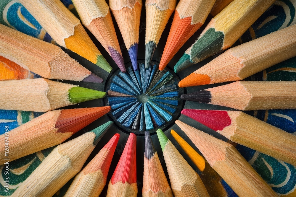 Naklejka premium Colorful Pencils Arranged in a Radial Pattern