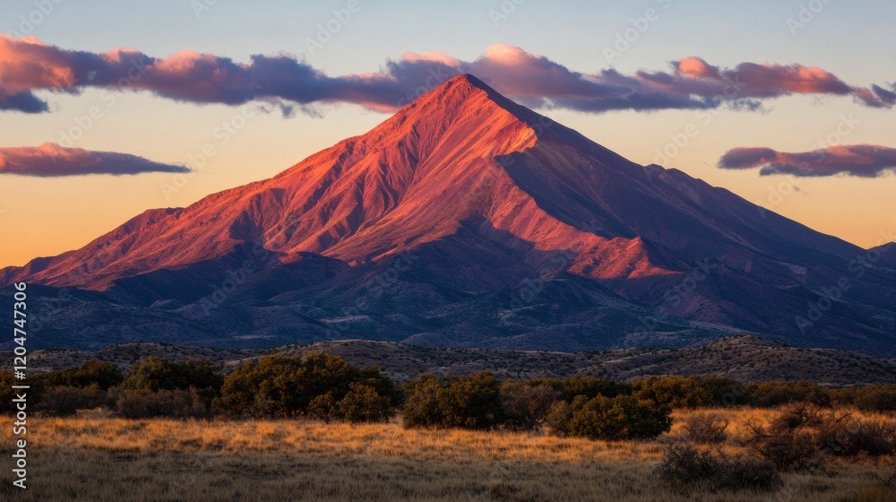 Majestic Mountain Peak at Sunset with Vibrant Orange and Purple Sky