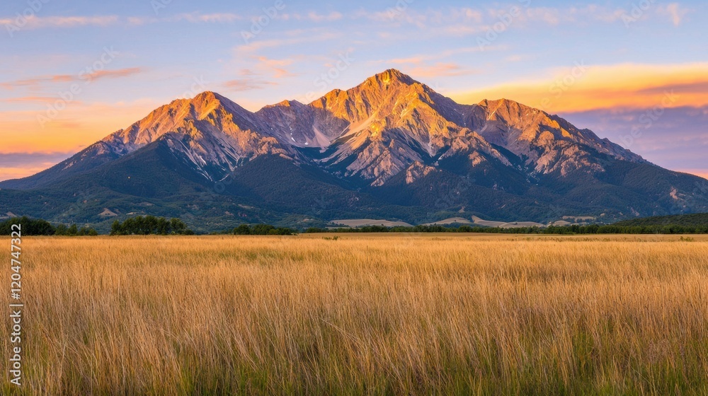 Majestic Mountain Peaks at Sunset Over Golden Grassy Field Majestic Mountain Peaks at Sunset Over Golden Grassy Field