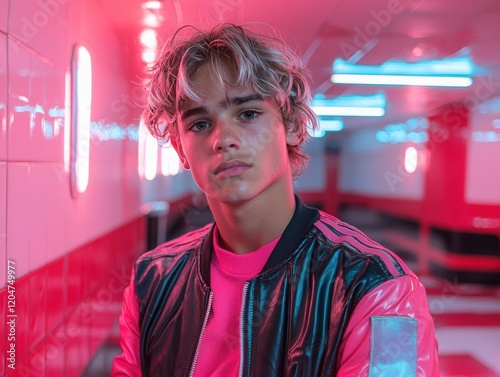 Stylish young man posing in a neon-lit hallway