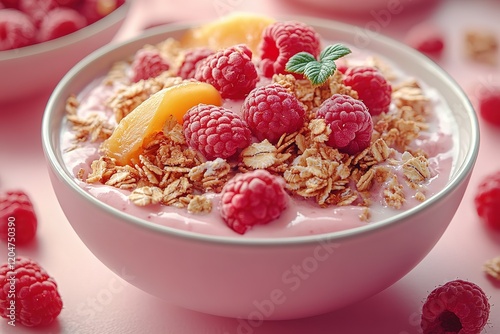 Delicious yogurt parfait with raspberries and granola.  A healthy and vibrant breakfast or snack. photo