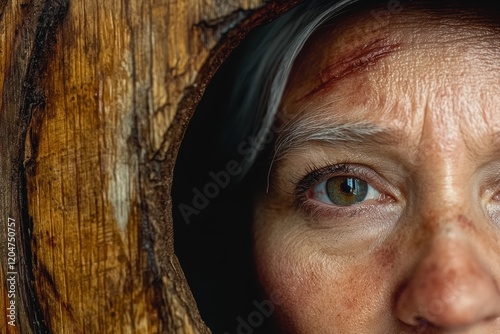 Close-up of a woman's eye with scratches on her forehead