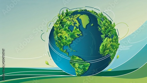 Illustration depicts Earth surrounded by vibrant greenery and life. photo