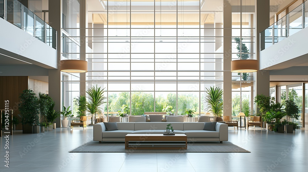 Hotel lobby design with luxury sofas and high ceiling.