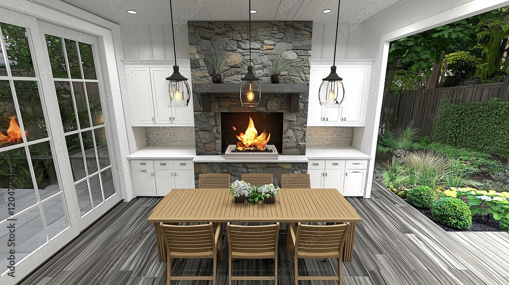 Outdoor kitchen with dining table, fireplace, and garden view in 3D.