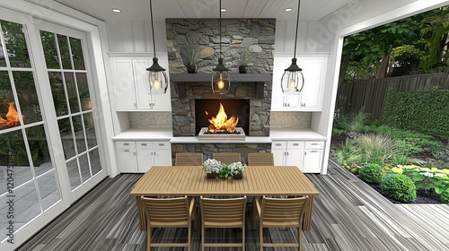 Obraz na płótnie Outdoor kitchen with dining table, fireplace, and garden view in 3D. w salonie