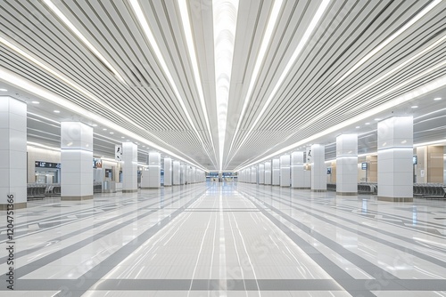 Airport space with modern white and gray tiles.