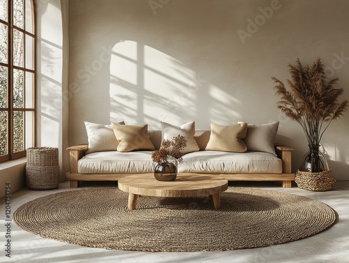 Minimalist living room design with beige sofa jute rug and dried grass decor warm neutral wall background photo